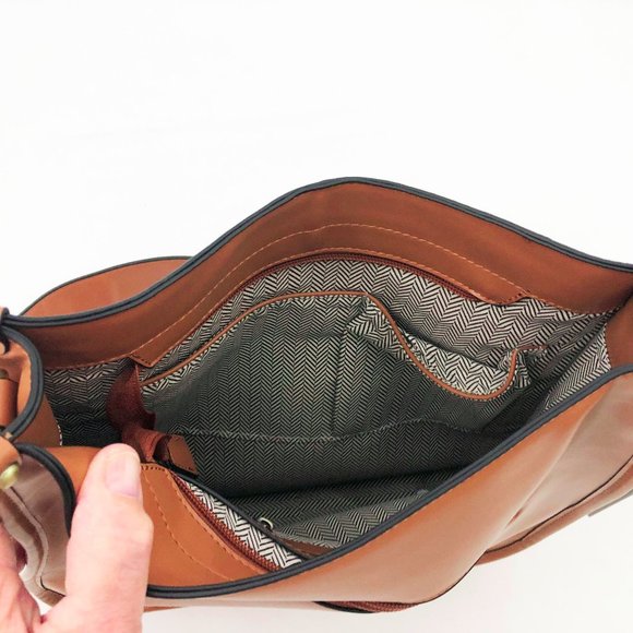 Jen and Co Pippa Brown Vegan Leather Stitch Accented Crossbody Bag - Picture 7 of 9